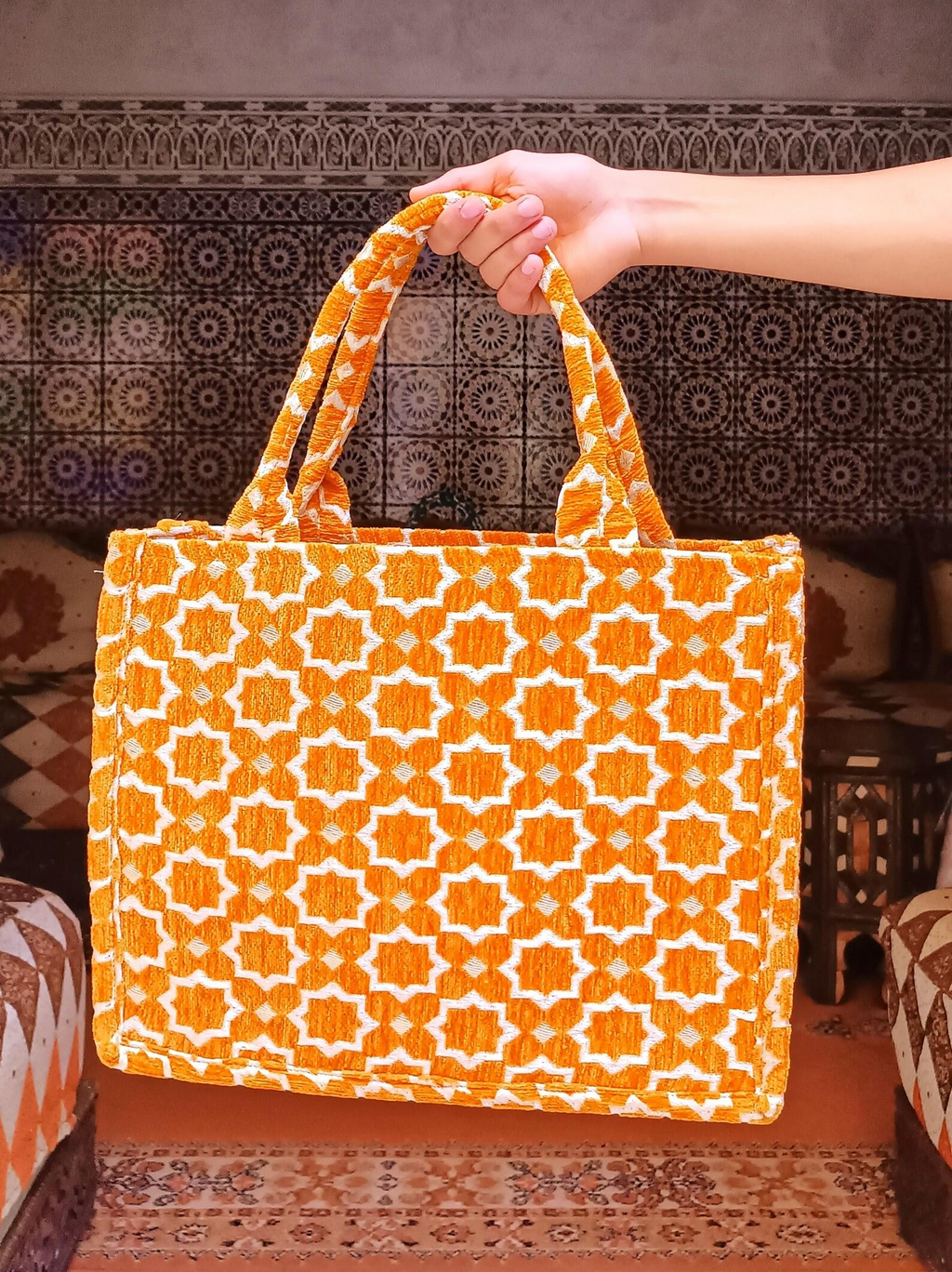 Sac cabas marocain artisanal en brocart - Fil dore