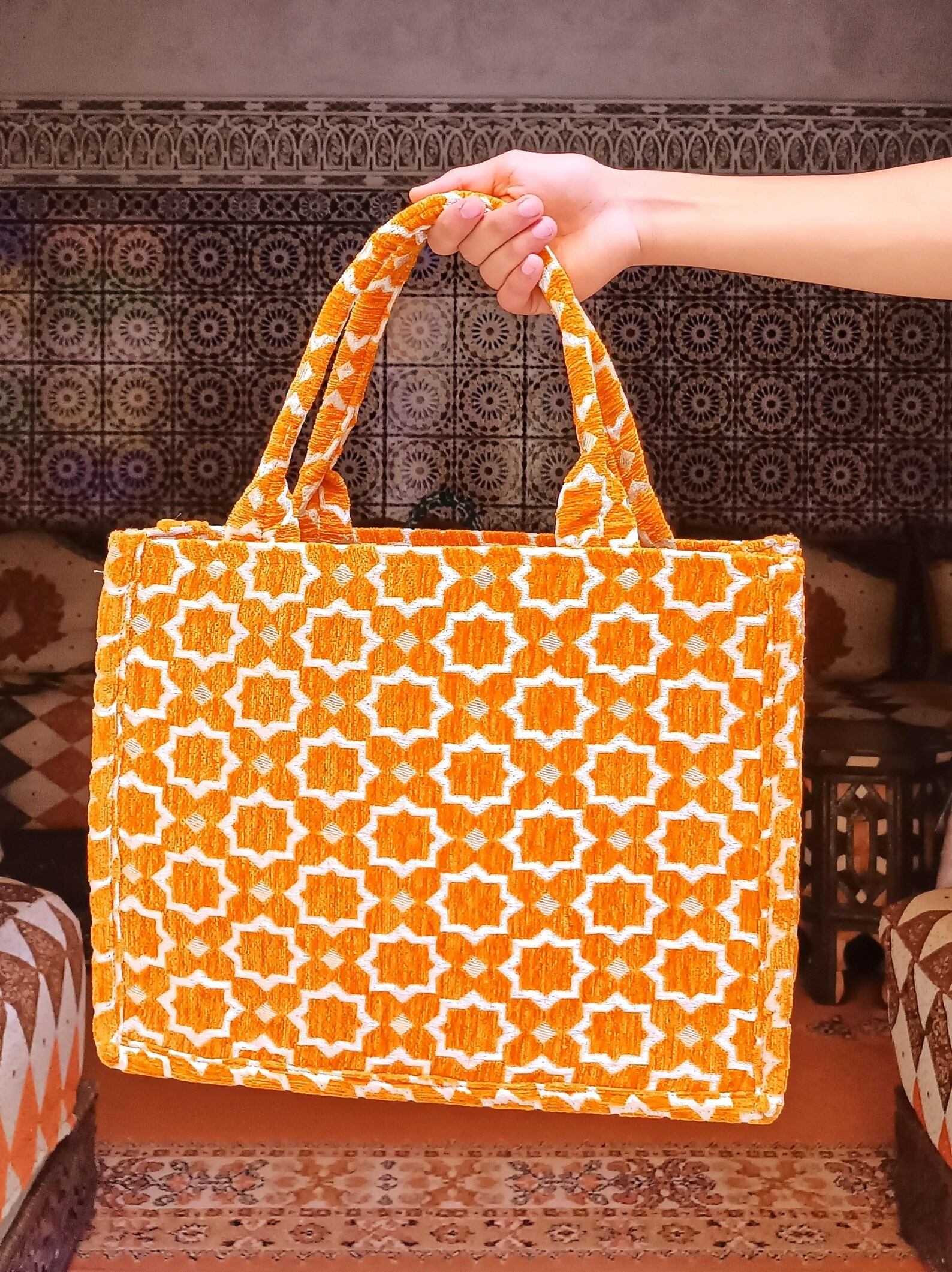 Sac cabas marocain artisanal en brocart - Fil dore