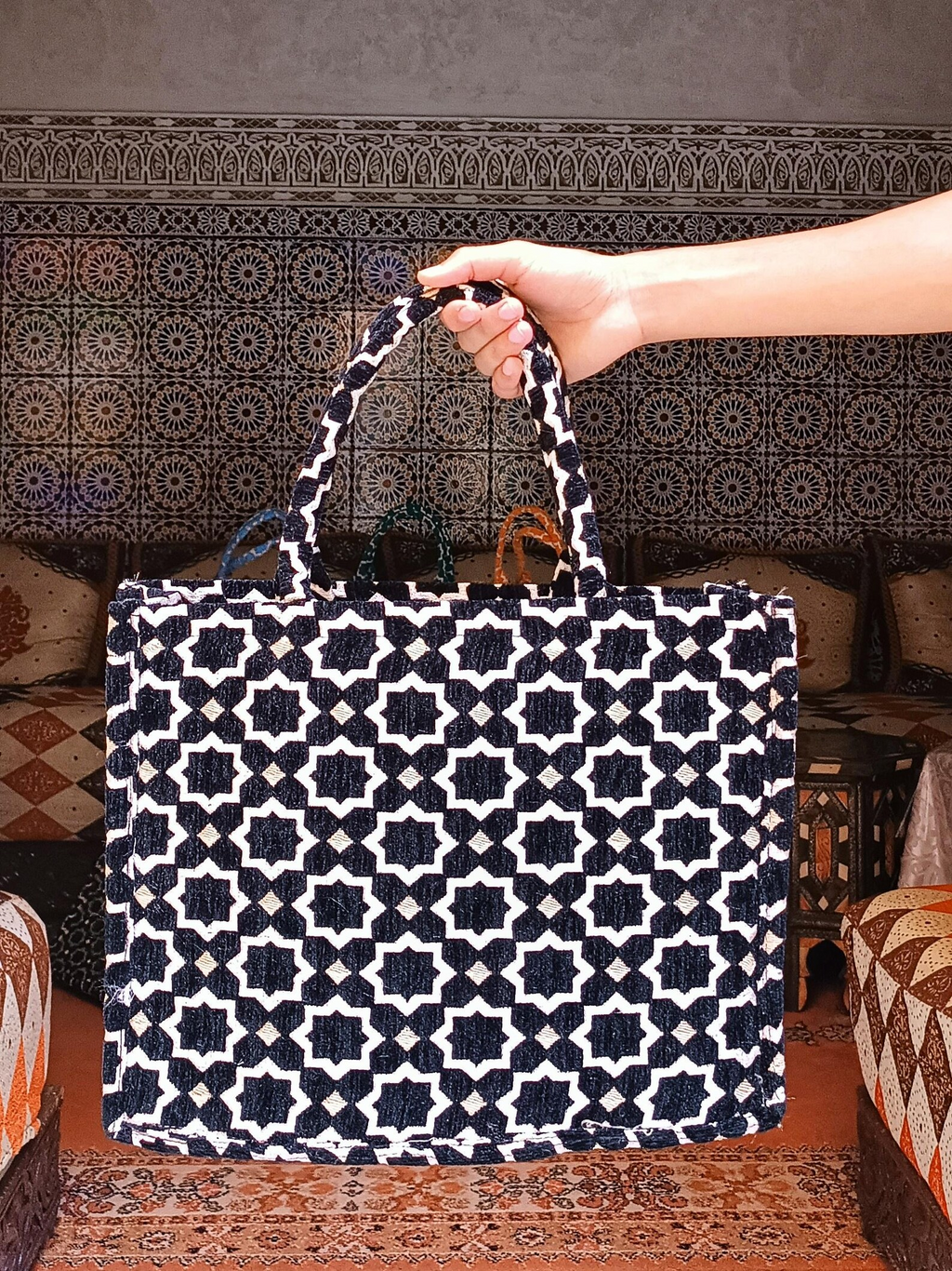 Sac cabas marocain artisanal en brocart - Fil dore