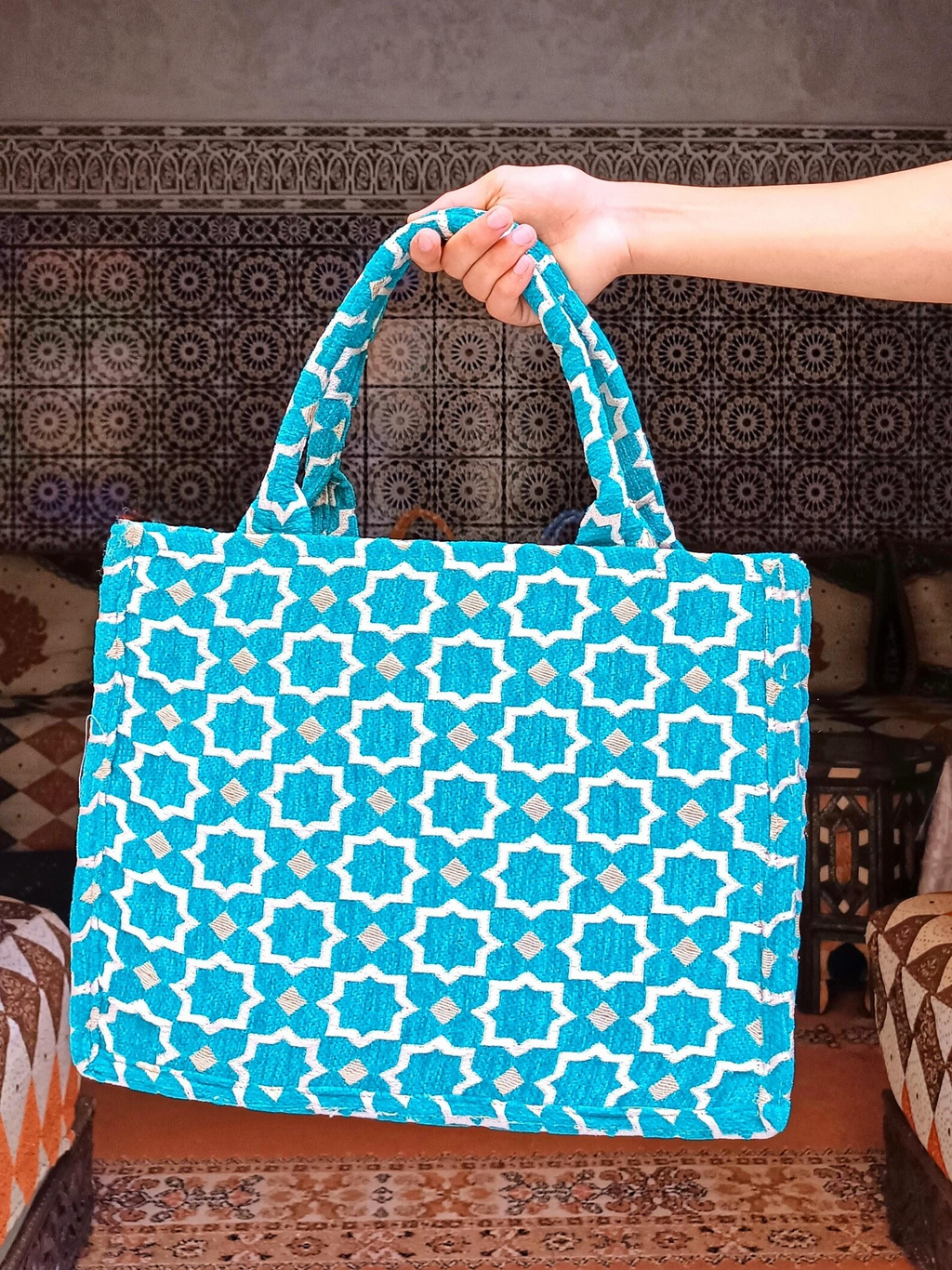 Sac cabas marocain artisanal en brocart - Fil dore