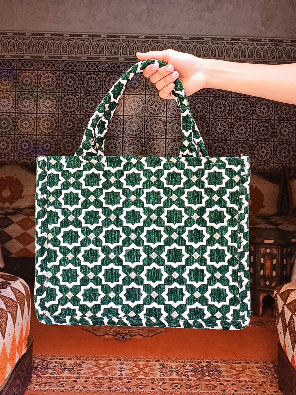 Sac cabas marocain artisanal en brocart - Fil dore