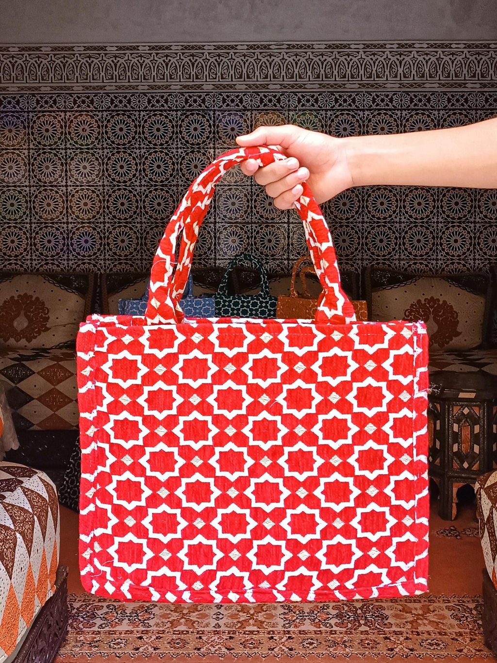 Sac cabas marocain artisanal en brocart - Fil dore