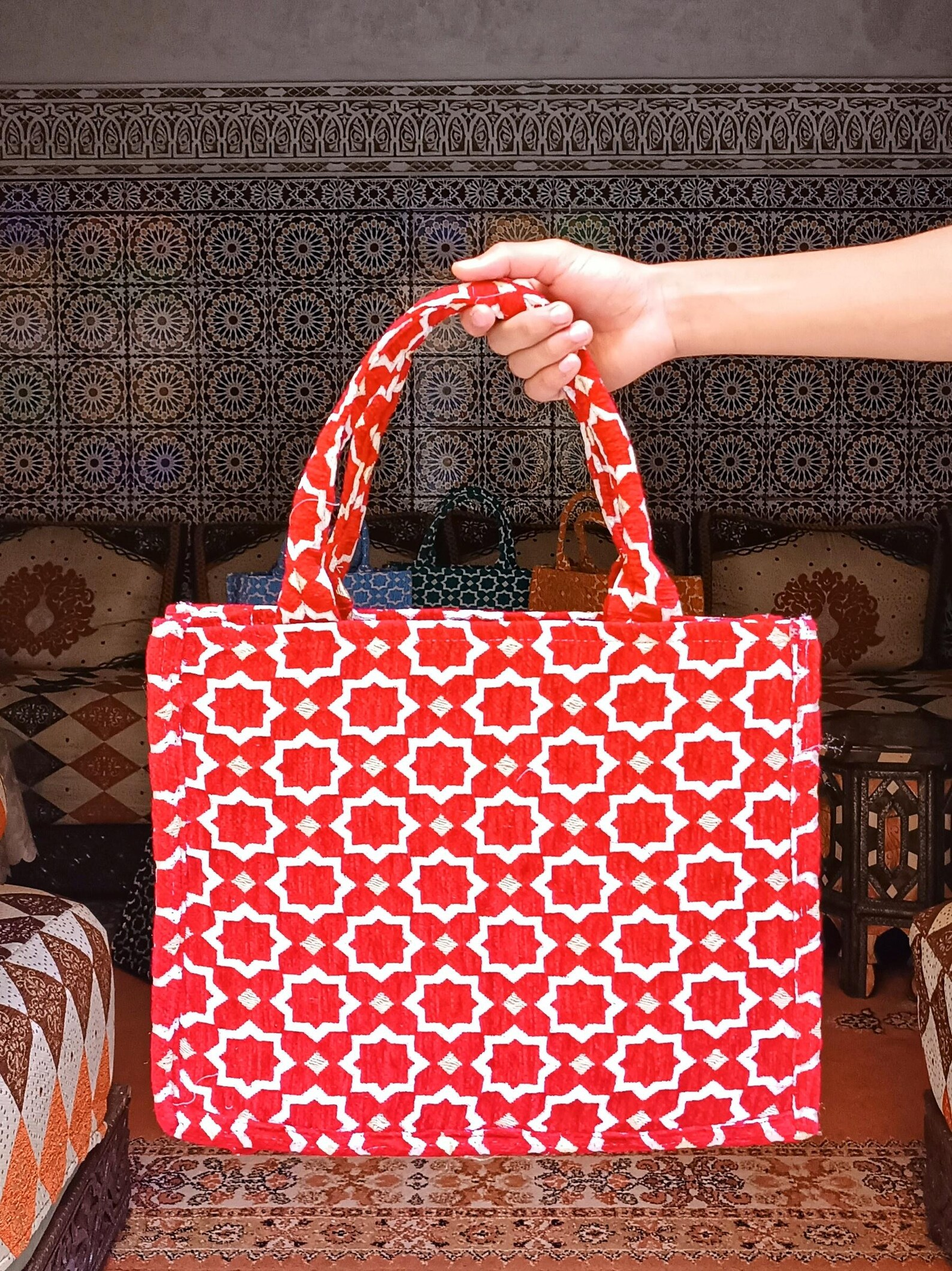 Sac cabas marocain artisanal en brocart - Fil dore