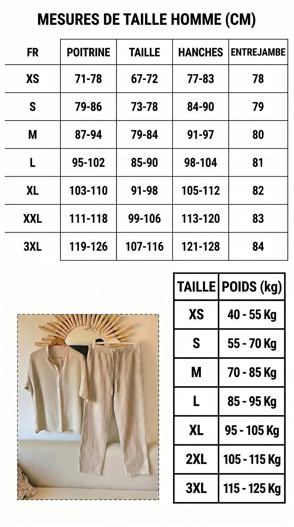 Ensemble en lin 100% (chemise + pantalon)